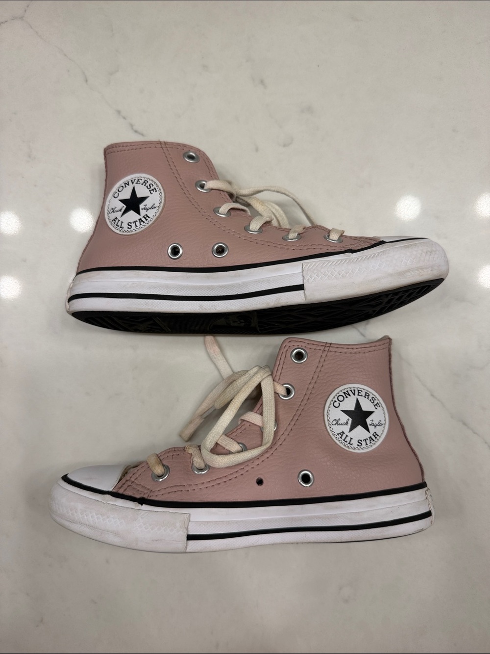 Girls Pale Pink “Leather” High Top Converse Size 13
